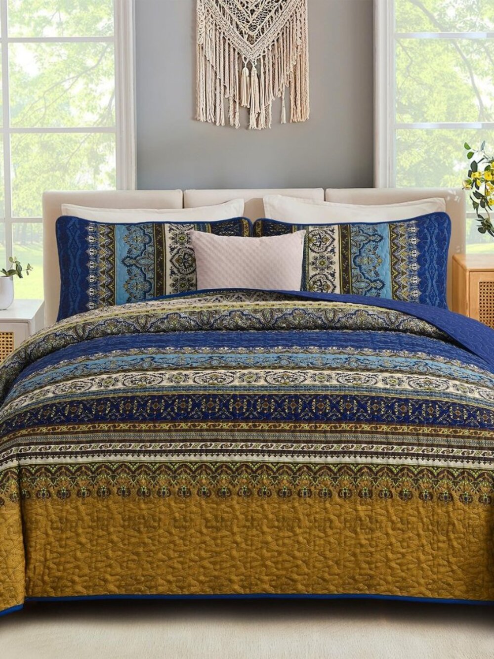 Boho Quilt King Size,3 Pcs Bedspread Set, Blue Brown